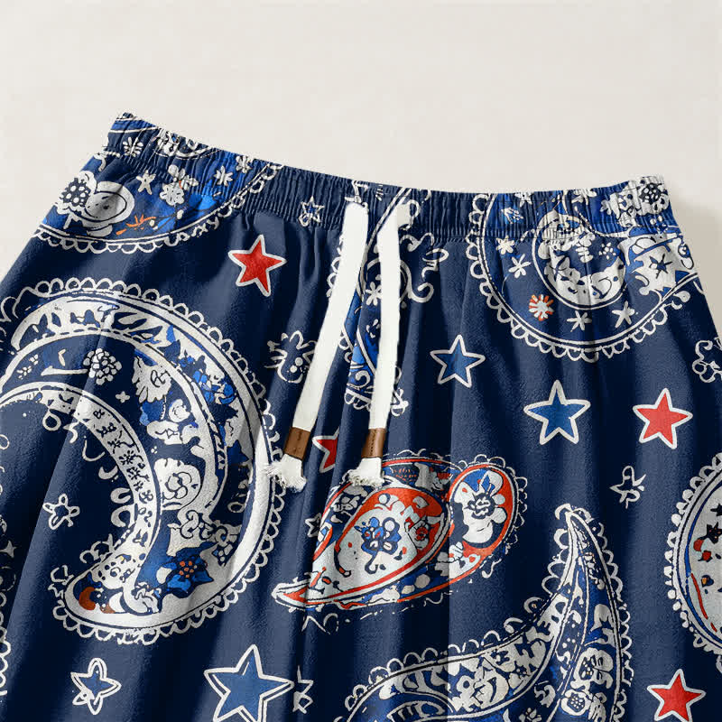 Buddha Stones Pantalones harem para hombre de algodón puro con estampado de estrellas y estampado paisley, con cordón ajustable y bolsillos. - image 3
