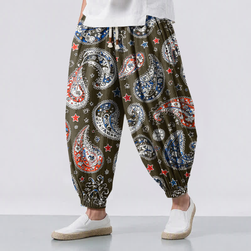 Buddha Stones Pantalones harem para hombre de algodón puro con estampado de estrellas y estampado paisley, con cordón ajustable y bolsillos. - Aceituna - US/UK/AU50, EU60 (5XL) - image 6