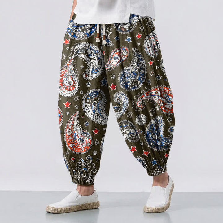 Buddha Stones Pantalones harem para hombre de algodón puro con estampado de estrellas y estampado paisley, con cordón ajustable y bolsillos. - Aceituna - US/UK/AU50, EU60 (5XL) - image 6