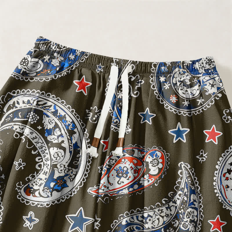 Buddha Stones Pantalones harem para hombre de algodón puro con estampado de estrellas y estampado paisley, con cordón ajustable y bolsillos. - image 9