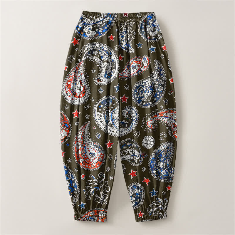 Buddha Stones Pantalones harem para hombre de algodón puro con estampado de estrellas y estampado paisley, con cordón ajustable y bolsillos. - image 8