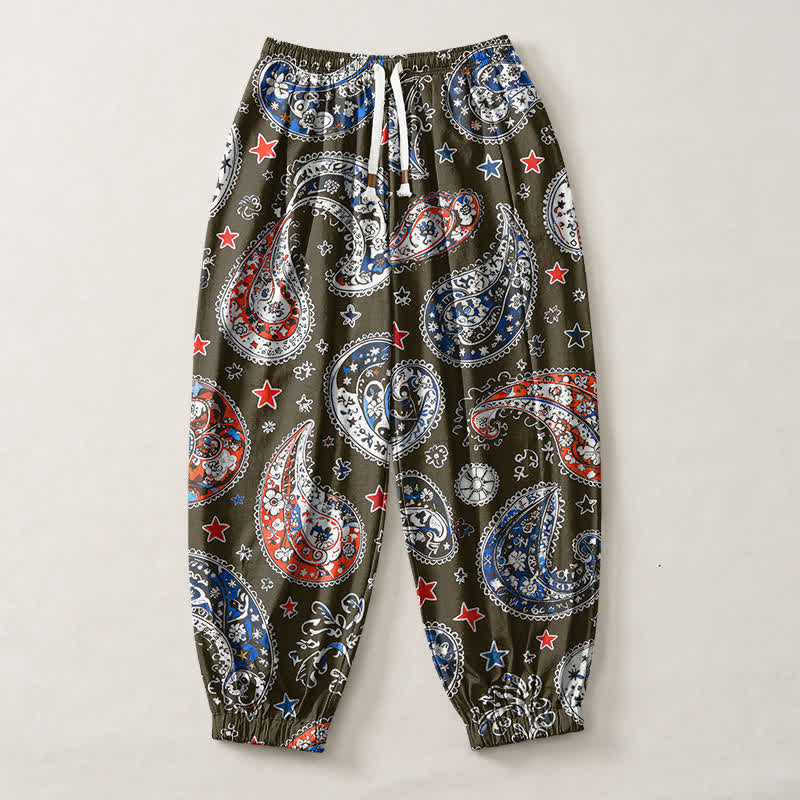 Buddha Stones Pantalones harem para hombre de algodón puro con estampado de estrellas y estampado paisley, con cordón ajustable y bolsillos. - image 7