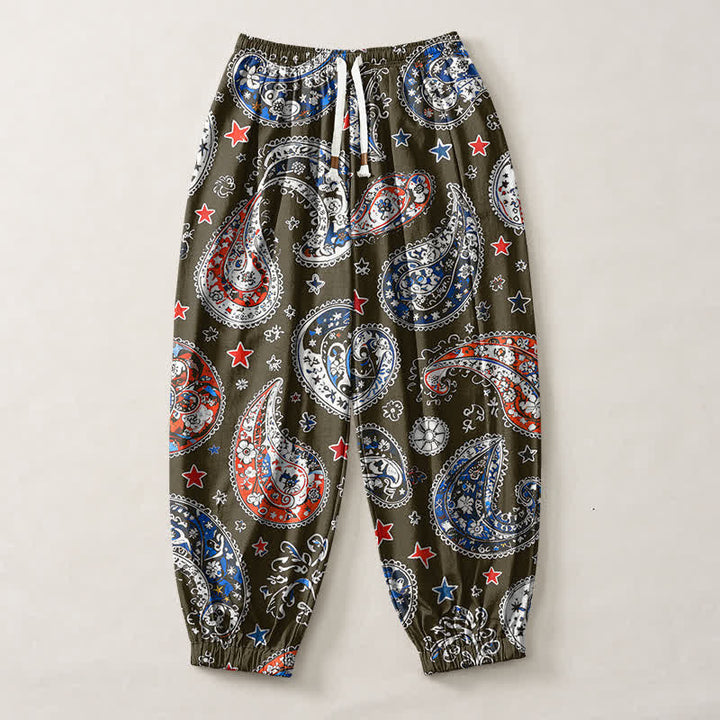 Buddha Stones Pantalones harem para hombre de algodón puro con estampado de estrellas y estampado paisley, con cordón ajustable y bolsillos. - image 7
