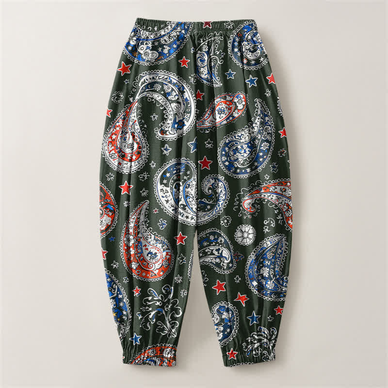 Buddha Stones Pantalones harem para hombre de algodón puro con estampado de estrellas y estampado paisley, con cordón ajustable y bolsillos. - image 14