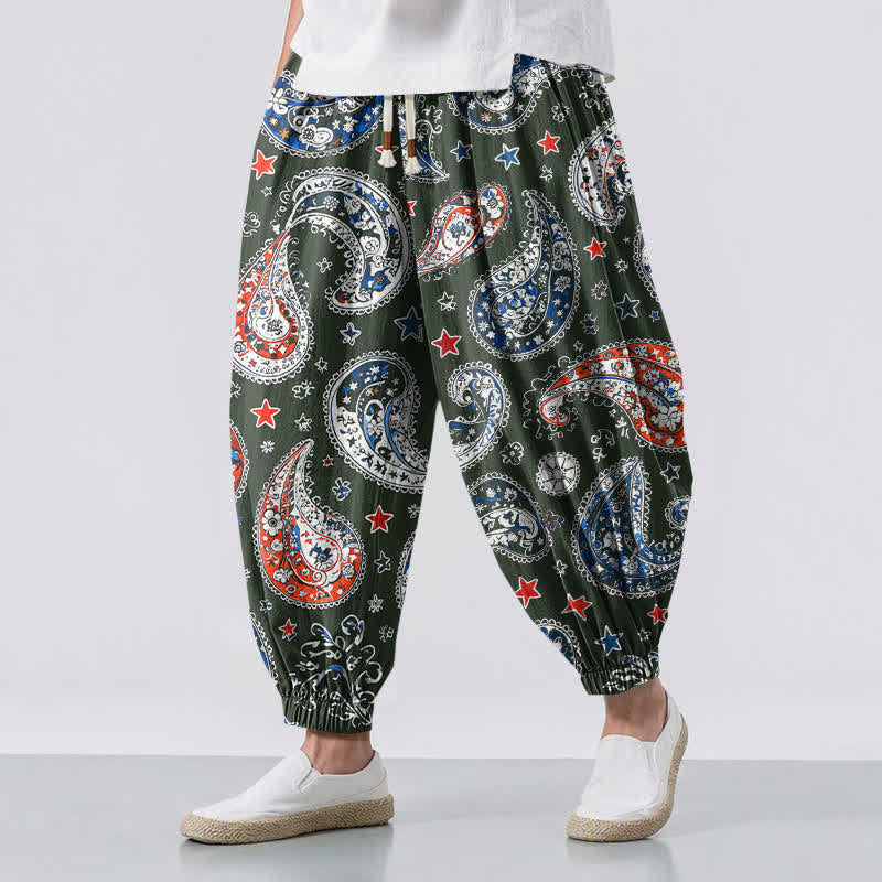 Buddha Stones Pantalones harem para hombre de algodón puro con estampado de estrellas y estampado paisley, con cordón ajustable y bolsillos. - Verde oliva oscuro - US/UK/AU50, EU60 (5XL) - image 12