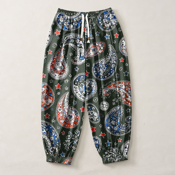 Buddha Stones Pantalones harem para hombre de algodón puro con estampado de estrellas y estampado paisley, con cordón ajustable y bolsillos. - image 13