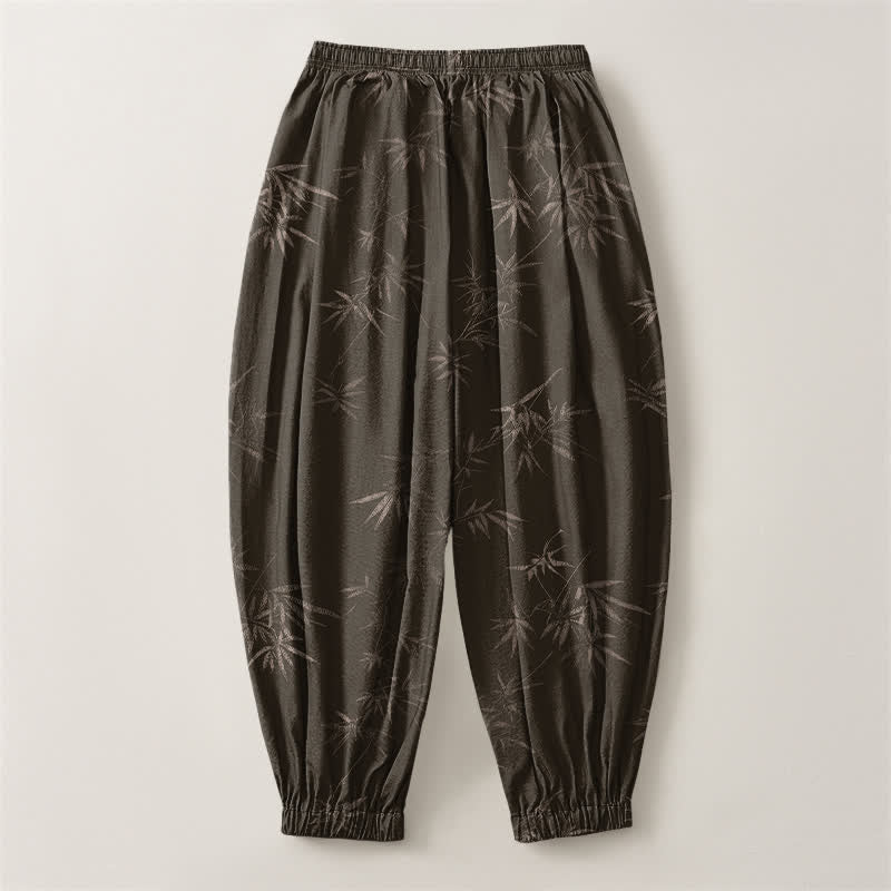 Buddha Stones Pantalones harem para hombre de algodón puro con estampado de hojas de bambú, cordón ajustable y bolsillos. - image 2