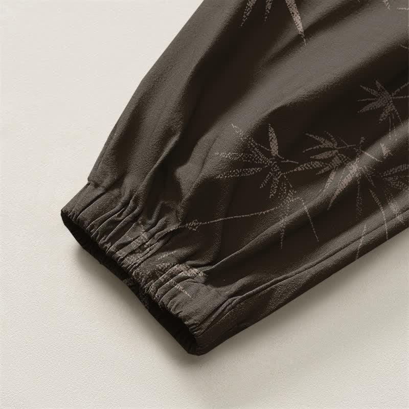 Buddha Stones Pantalones harem para hombre de algodón puro con estampado de hojas de bambú, cordón ajustable y bolsillos. - image 4