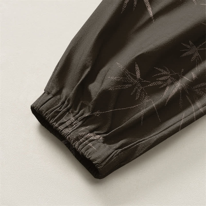 Buddha Stones Pantalones harem para hombre de algodón puro con estampado de hojas de bambú, cordón ajustable y bolsillos. - image 4