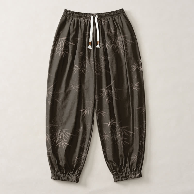 Buddha Stones Pantalones harem para hombre de algodón puro con estampado de hojas de bambú, cordón ajustable y bolsillos. - image 1