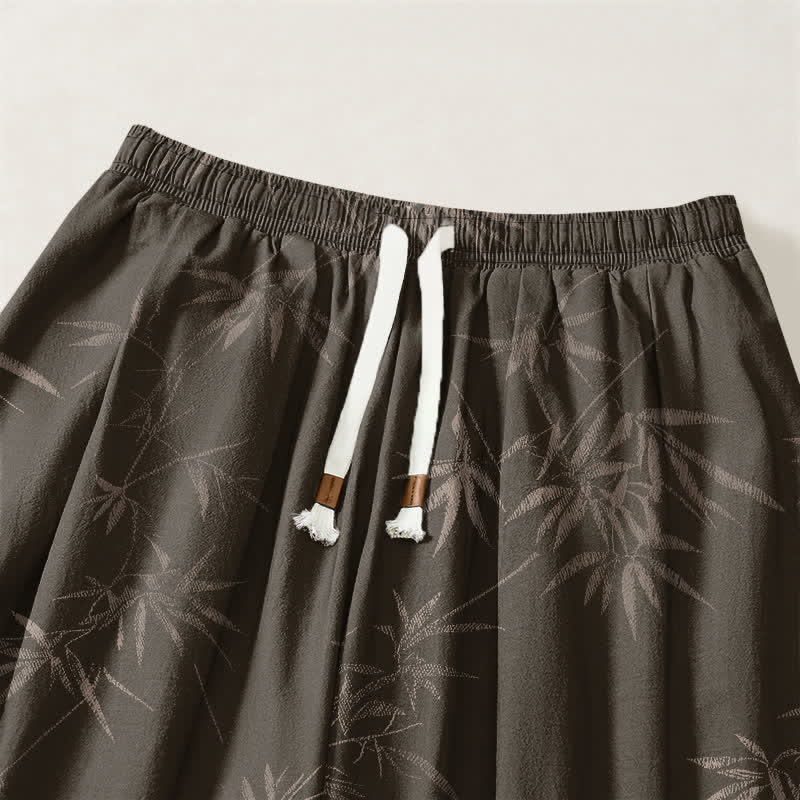 Buddha Stones Pantalones harem para hombre de algodón puro con estampado de hojas de bambú, cordón ajustable y bolsillos. - image 3