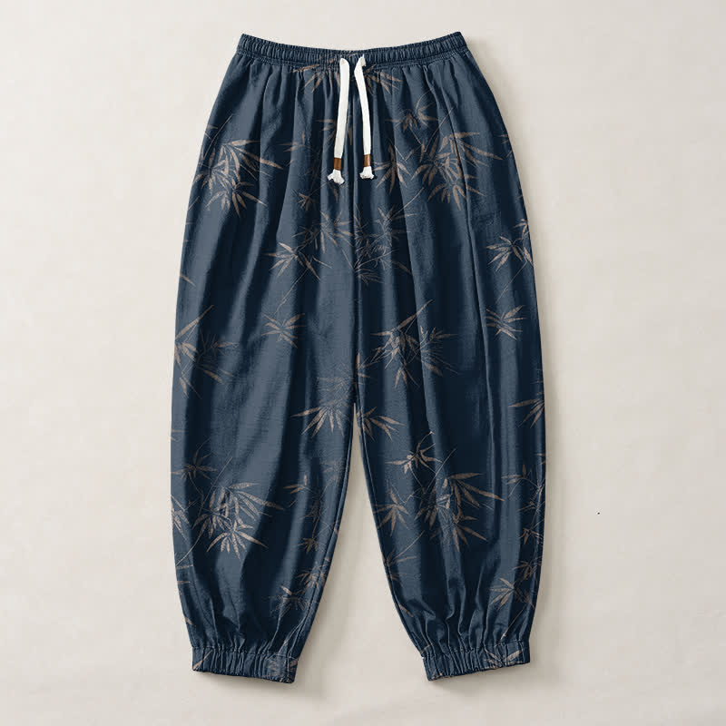 Buddha Stones Pantalones harem para hombre de algodón puro con estampado de hojas de bambú, cordón ajustable y bolsillos. - image 7