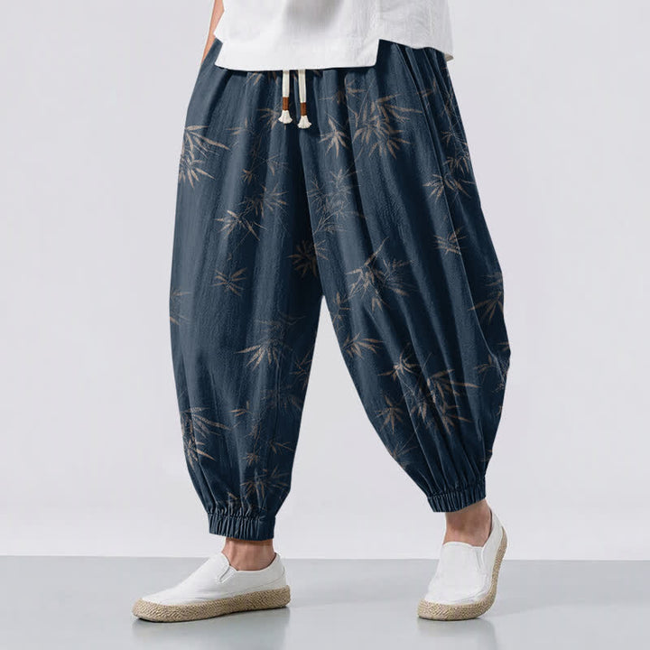 Buddha Stones Pantalones harem para hombre de algodón puro con estampado de hojas de bambú, cordón ajustable y bolsillos. - Marina de guerra - US/UK/AU50, EU60 (5XL) - image 6