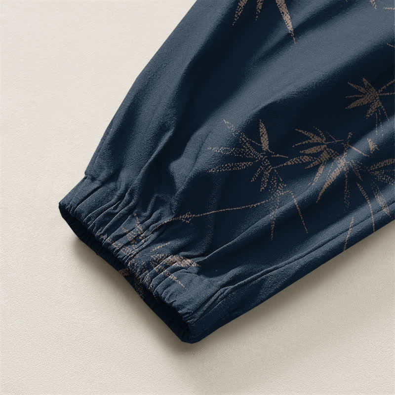 Buddha Stones Pantalones harem para hombre de algodón puro con estampado de hojas de bambú, cordón ajustable y bolsillos. - image 10
