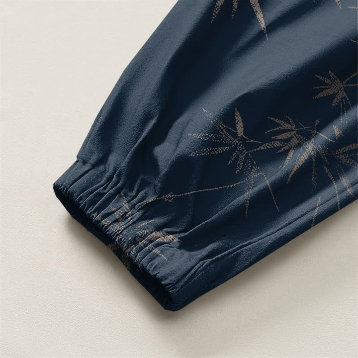 Buddha Stones Pantalones harem para hombre de algodón puro con estampado de hojas de bambú, cordón ajustable y bolsillos. - image 10