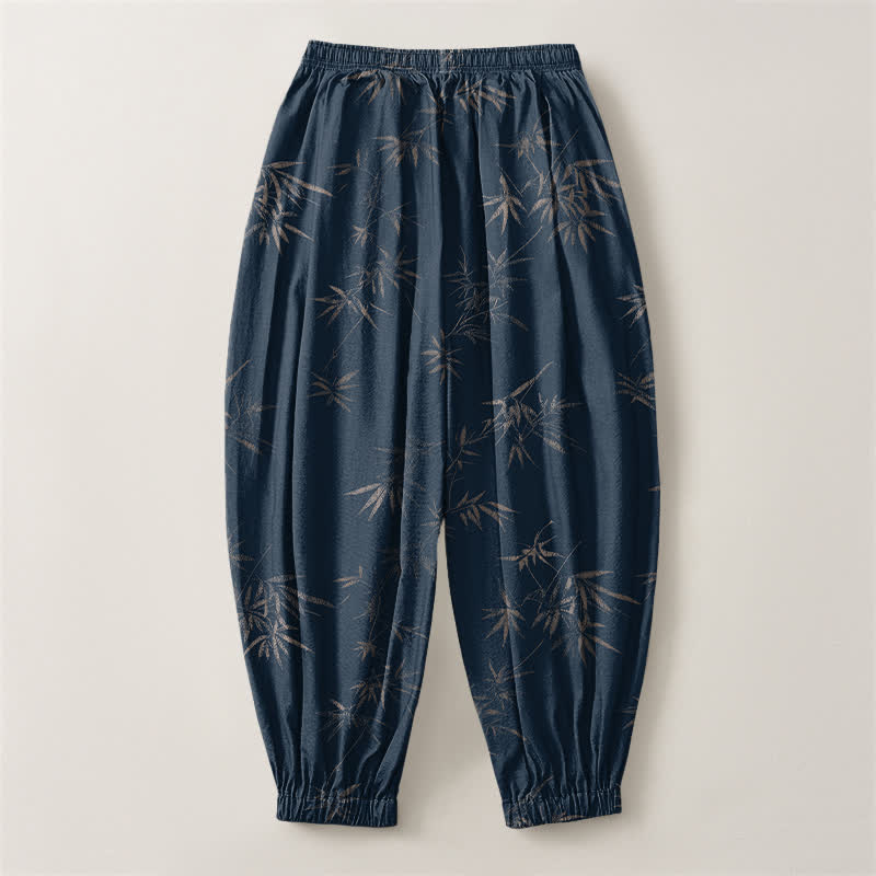 Buddha Stones Pantalones harem para hombre de algodón puro con estampado de hojas de bambú, cordón ajustable y bolsillos. - image 8