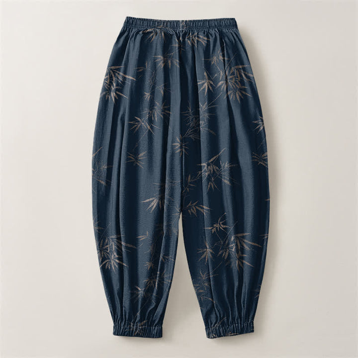 Buddha Stones Pantalones harem para hombre de algodón puro con estampado de hojas de bambú, cordón ajustable y bolsillos. - image 8