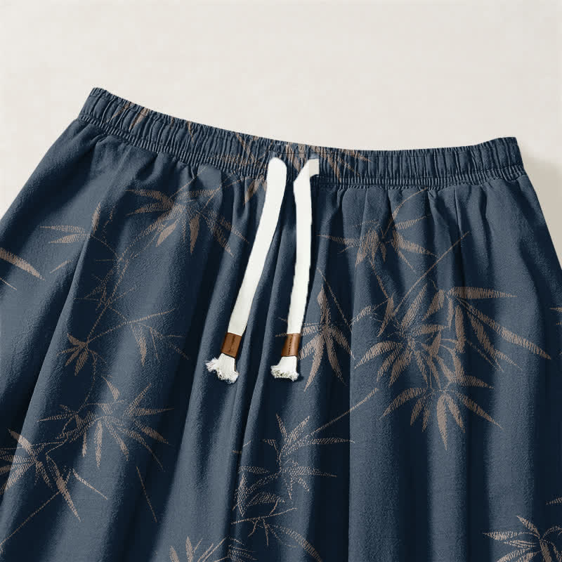Buddha Stones Pantalones harem para hombre de algodón puro con estampado de hojas de bambú, cordón ajustable y bolsillos. - image 9