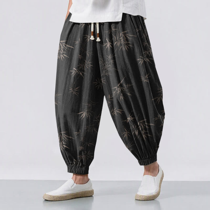 Buddha Stones Pantalones harem para hombre de algodón puro con estampado de hojas de bambú, cordón ajustable y bolsillos. - Negro - US/UK/AU50, EU60 (5XL) - image 12