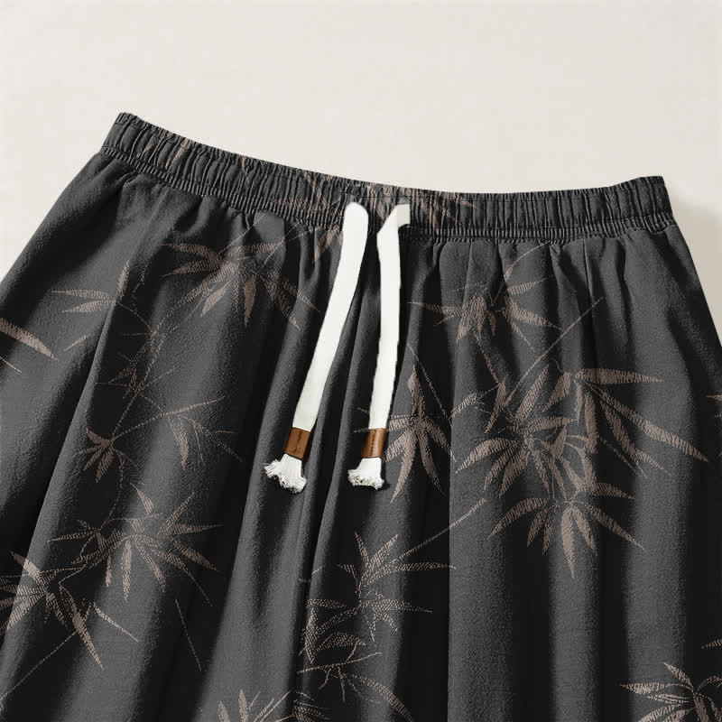 Buddha Stones Pantalones harem para hombre de algodón puro con estampado de hojas de bambú, cordón ajustable y bolsillos. - image 15