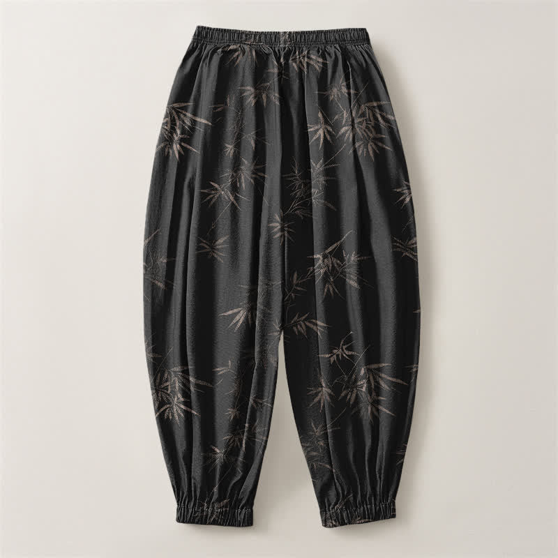 Buddha Stones Pantalones harem para hombre de algodón puro con estampado de hojas de bambú, cordón ajustable y bolsillos. - image 14