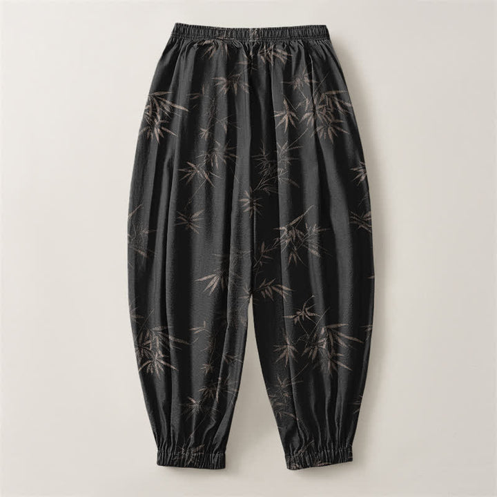 Buddha Stones Pantalones harem para hombre de algodón puro con estampado de hojas de bambú, cordón ajustable y bolsillos. - image 14