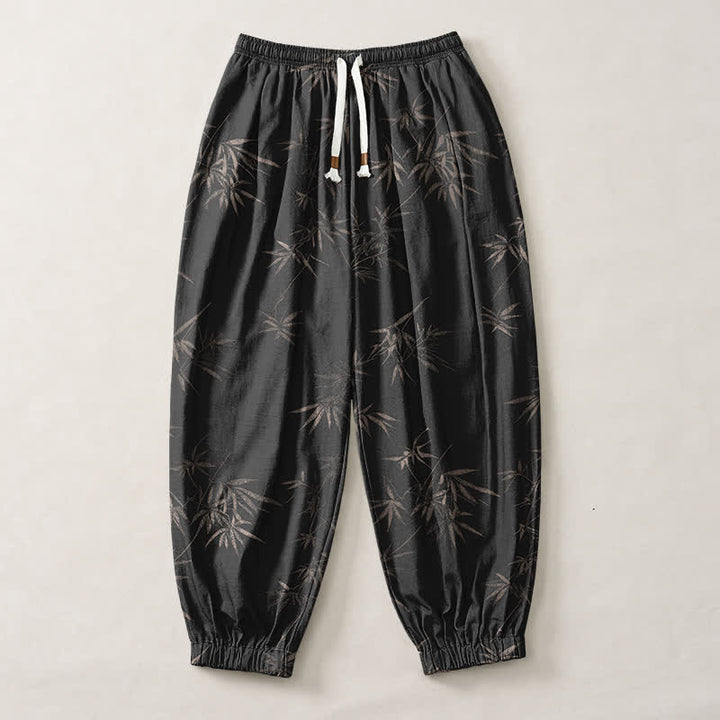 Buddha Stones Pantalones harem para hombre de algodón puro con estampado de hojas de bambú, cordón ajustable y bolsillos. - image 13