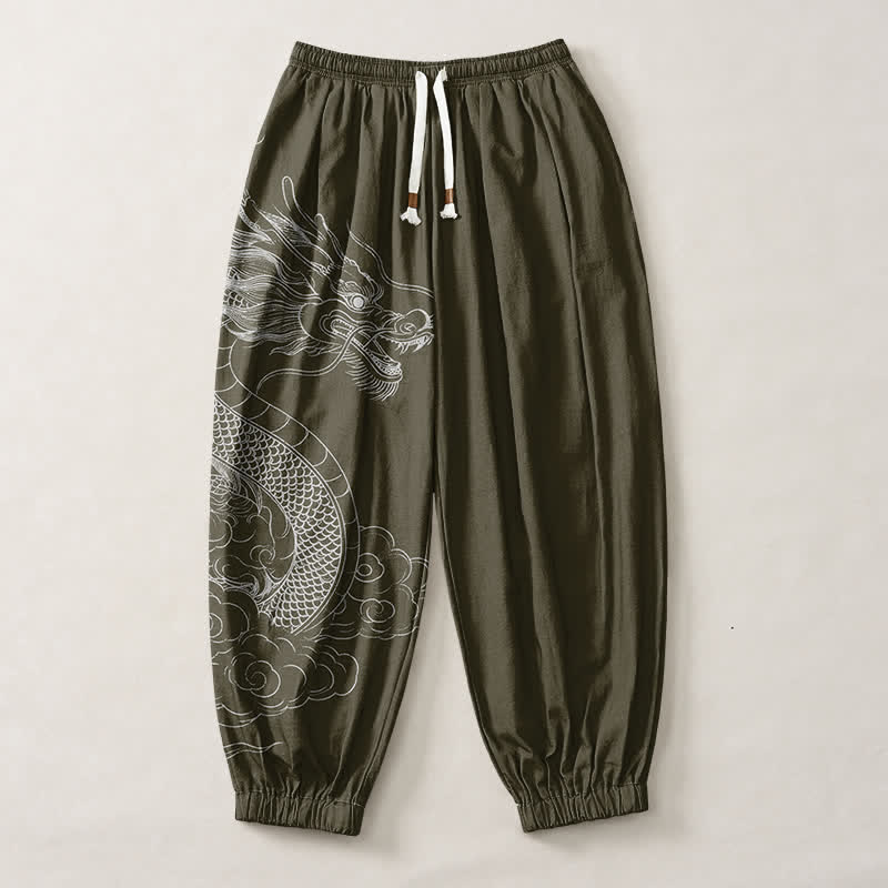 Buddha Stones Pantalones harem para hombre de algodón puro con estampado de nubes y dragones blancos, con cordón ajustable y bolsillos. - image 1