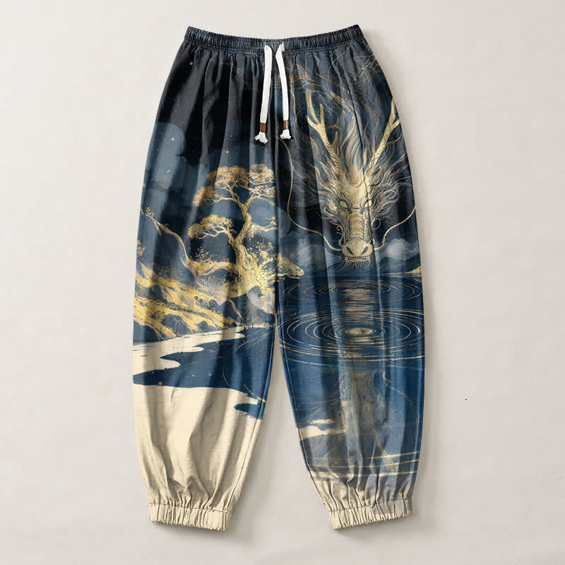 Buddha Stones Pantalones harem para hombre de algodón puro con estampado de paisaje de dragón dorado, cordón ajustable y bolsillos. - image 1