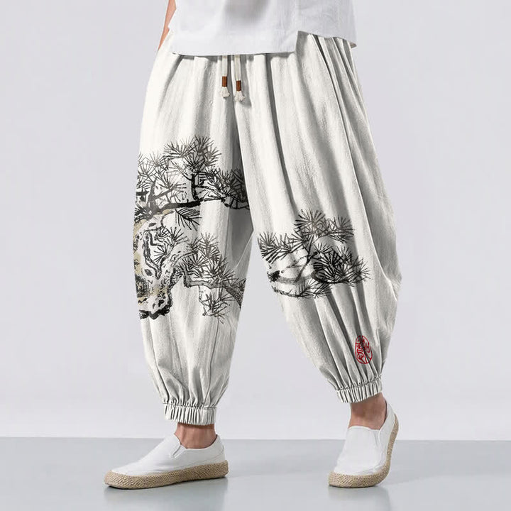Buddha Stones Pantalones harem para hombre de algodón puro con estampado de pinos y cordón ajustable, con bolsillos. - Marfil - US/UK/AU50, EU60 (5XL) - image 0