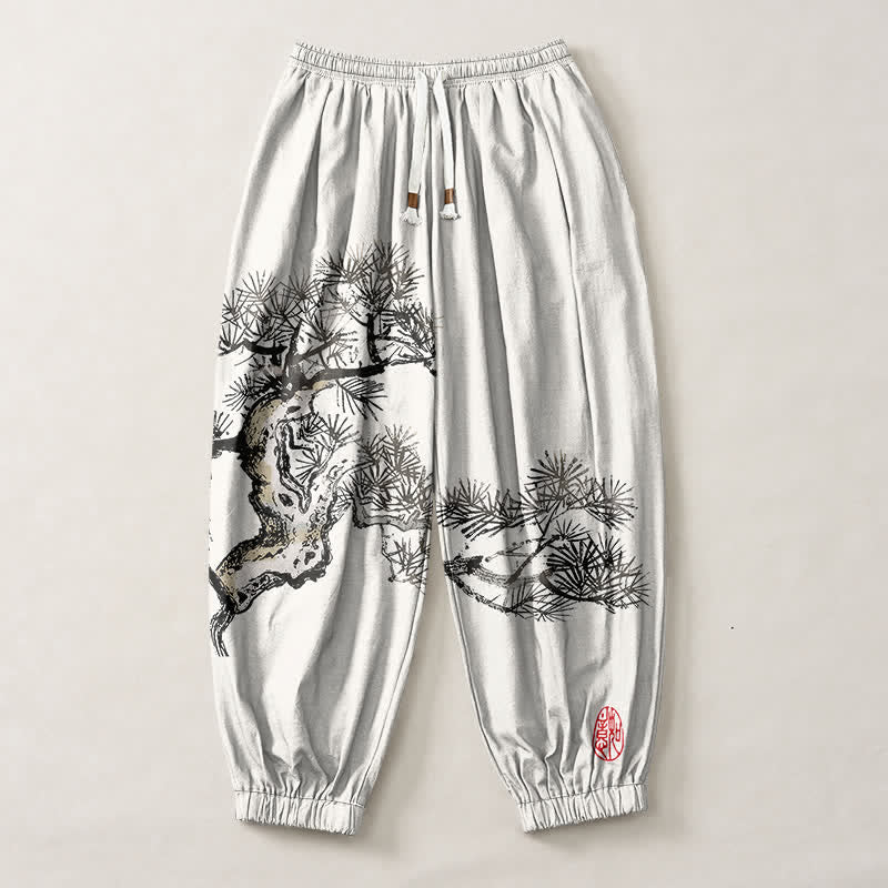 Buddha Stones Pantalones harem para hombre de algodón puro con estampado de pinos y cordón ajustable, con bolsillos. - image 1