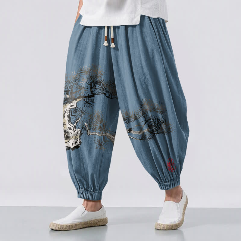 Buddha Stones Pantalones harem para hombre de algodón puro con estampado de pinos y cordón ajustable, con bolsillos. - Azul acero - US/UK/AU50, EU60 (5XL) - image 6