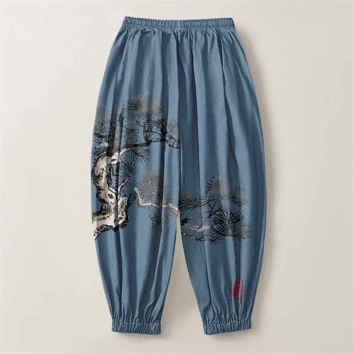 Buddha Stones Pantalones harem para hombre de algodón puro con estampado de pinos y cordón ajustable, con bolsillos. - image 8
