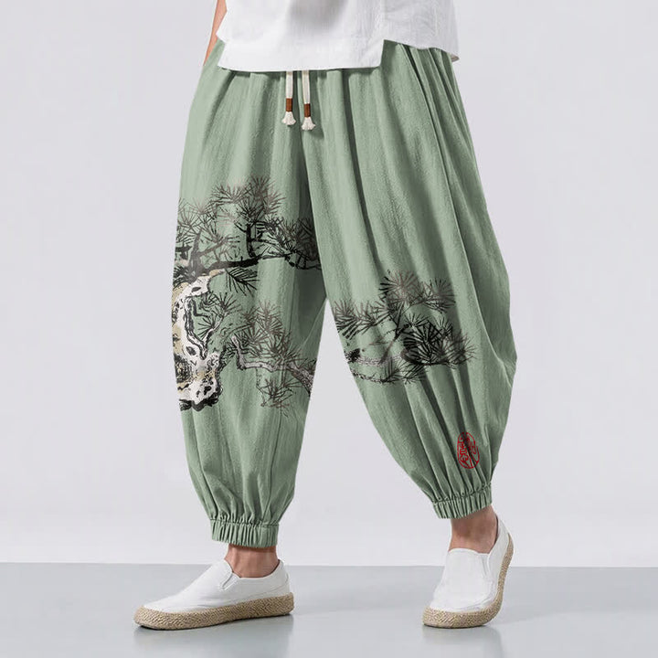 Buddha Stones Pantalones harem para hombre de algodón puro con estampado de pinos y cordón ajustable, con bolsillos. - Verde claro - US/UK/AU50, EU60 (5XL) - image 12