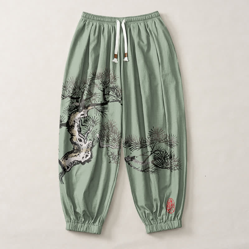 Buddha Stones Pantalones harem para hombre de algodón puro con estampado de pinos y cordón ajustable, con bolsillos. - image 13