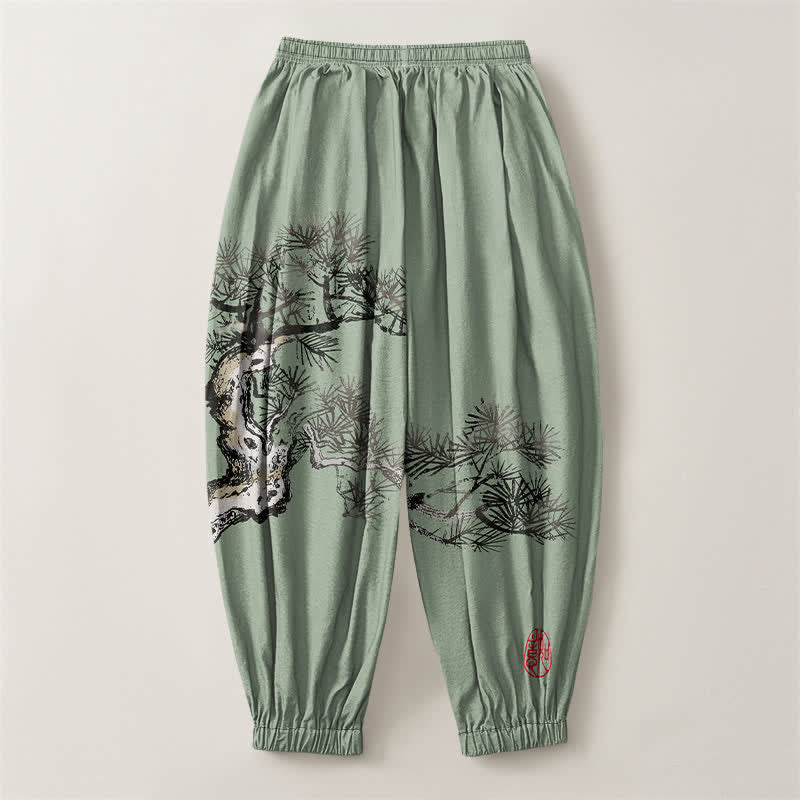 Buddha Stones Pantalones harem para hombre de algodón puro con estampado de pinos y cordón ajustable, con bolsillos. - image 14
