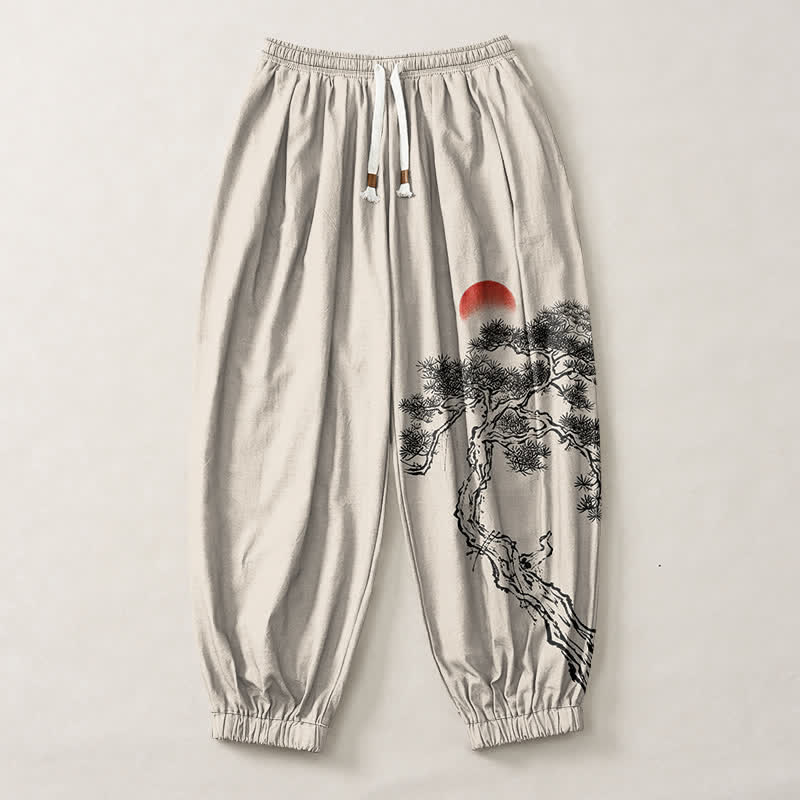 Buddha Stones Pantalones harem para hombre de algodón puro con estampado de pino y sol, cordón ajustable y bolsillos. - image 1