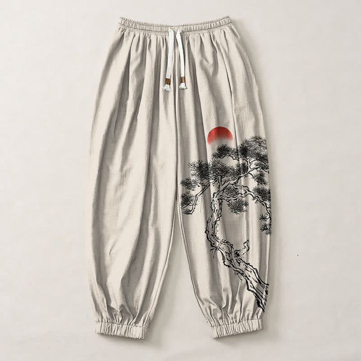 Buddha Stones Pantalones harem para hombre de algodón puro con estampado de pino y sol, cordón ajustable y bolsillos. - image 1