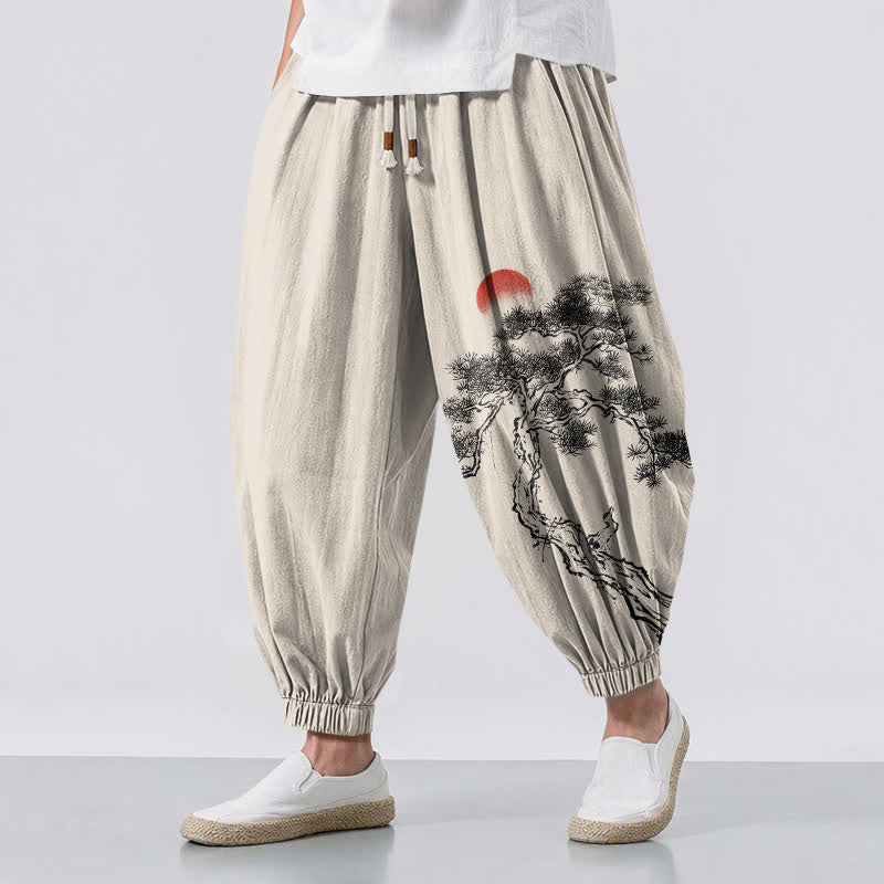Buddha Stones Pantalones harem para hombre de algodón puro con estampado de pino y sol, cordón ajustable y bolsillos. - Lino - US/UK/AU50, EU60 (5XL) - image 0