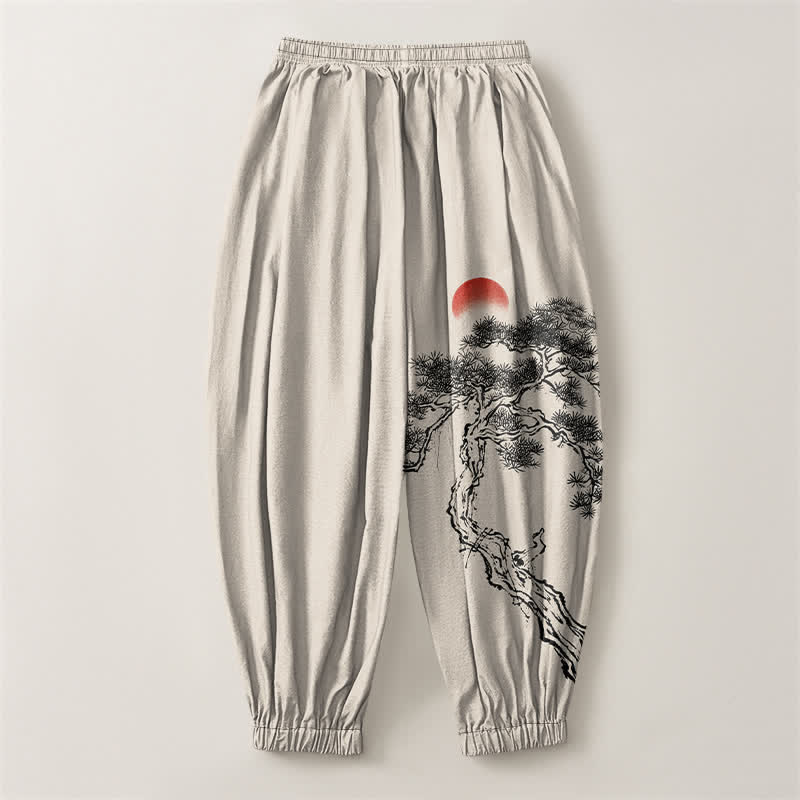Buddha Stones Pantalones harem para hombre de algodón puro con estampado de pino y sol, cordón ajustable y bolsillos. - image 2