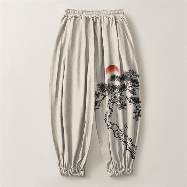 Buddha Stones Pantalones harem para hombre de algodón puro con estampado de pino y sol, cordón ajustable y bolsillos. - image 2