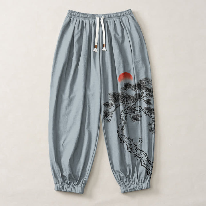 Buddha Stones Pantalones harem para hombre de algodón puro con estampado de pino y sol, cordón ajustable y bolsillos. - image 7