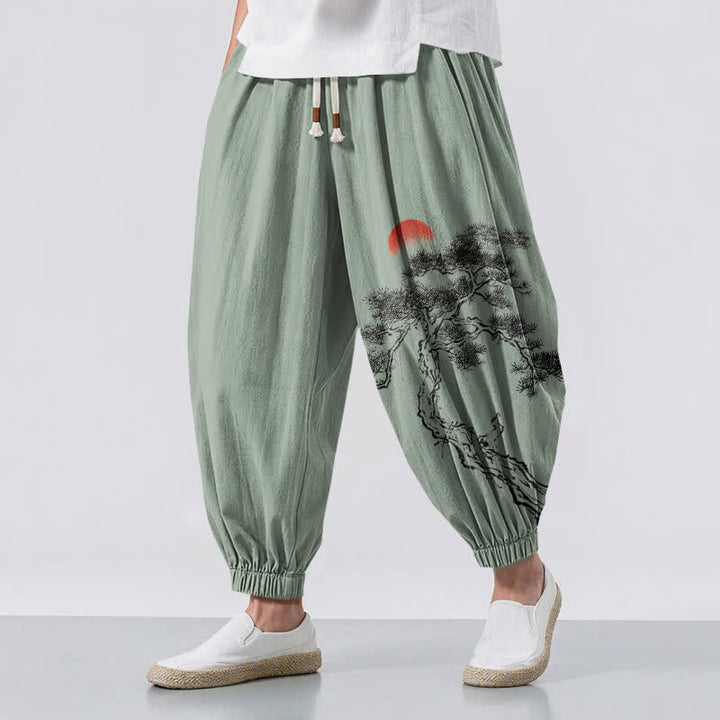 Buddha Stones Pantalones harem para hombre de algodón puro con estampado de pino y sol, cordón ajustable y bolsillos. - Verde mar oscuro - US/UK/AU50, EU60 (5XL) - image 12