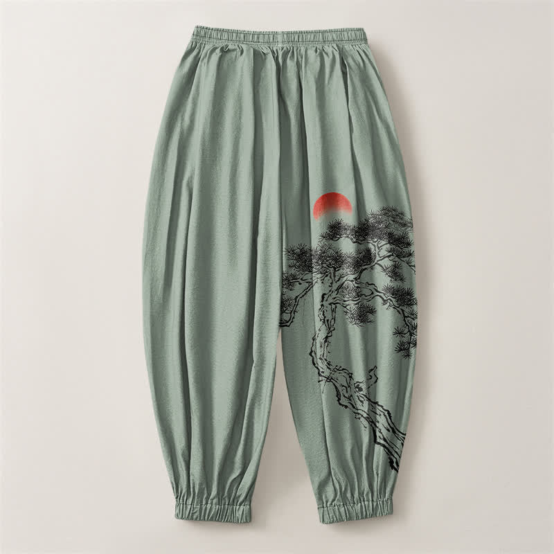 Buddha Stones Pantalones harem para hombre de algodón puro con estampado de pino y sol, cordón ajustable y bolsillos. - image 14