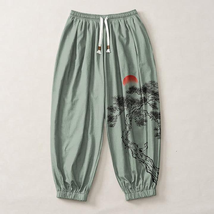Buddha Stones Pantalones harem para hombre de algodón puro con estampado de pino y sol, cordón ajustable y bolsillos. - image 13