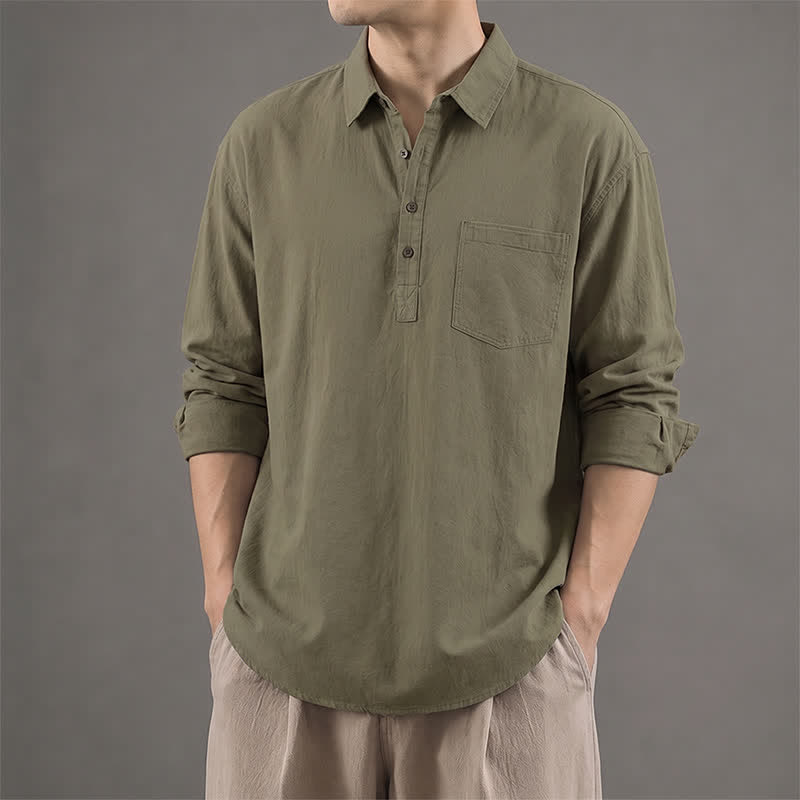 Buddha Stones Camisas casuales de manga larga de algodón liso para hombre, con botones y bolsillo de parche, ideales para primavera y otoño. - Verde oliva oscuro - US/UK/AU42, EU52 (3XL) - image 0