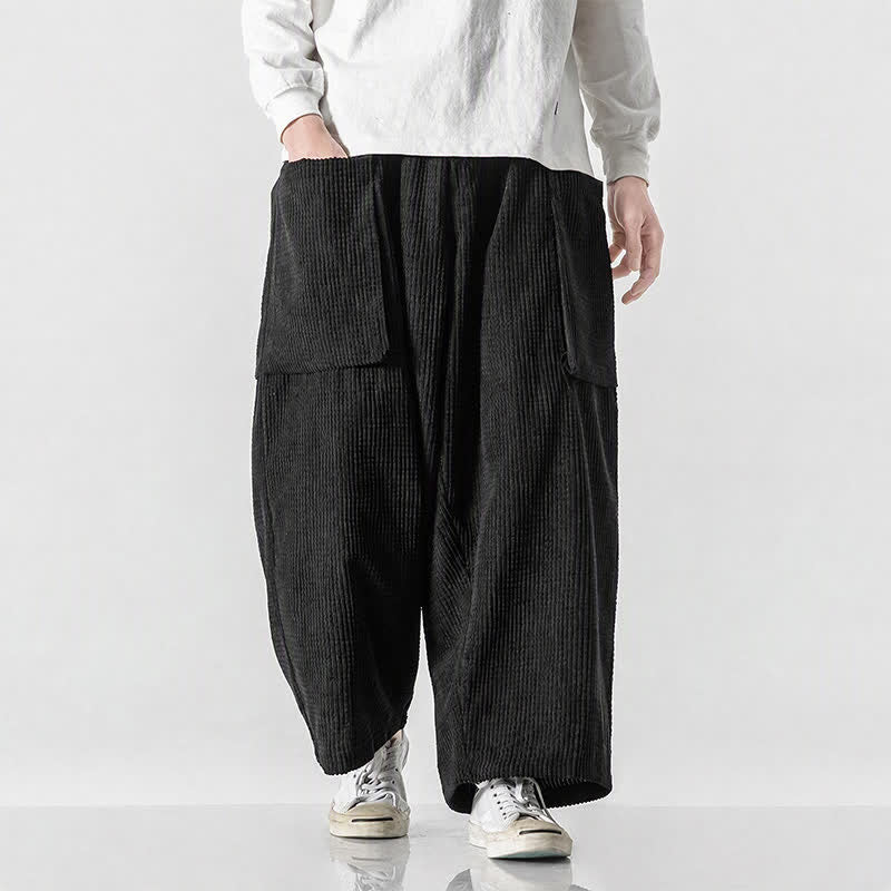 Buddha Stones Pantalones de pana de pierna ancha para hombre, estilo vintage, minimalistas, con cordón ajustable, para otoño/invierno. - Negro - US/UK/AU46, EU56 (5XL) - image 0