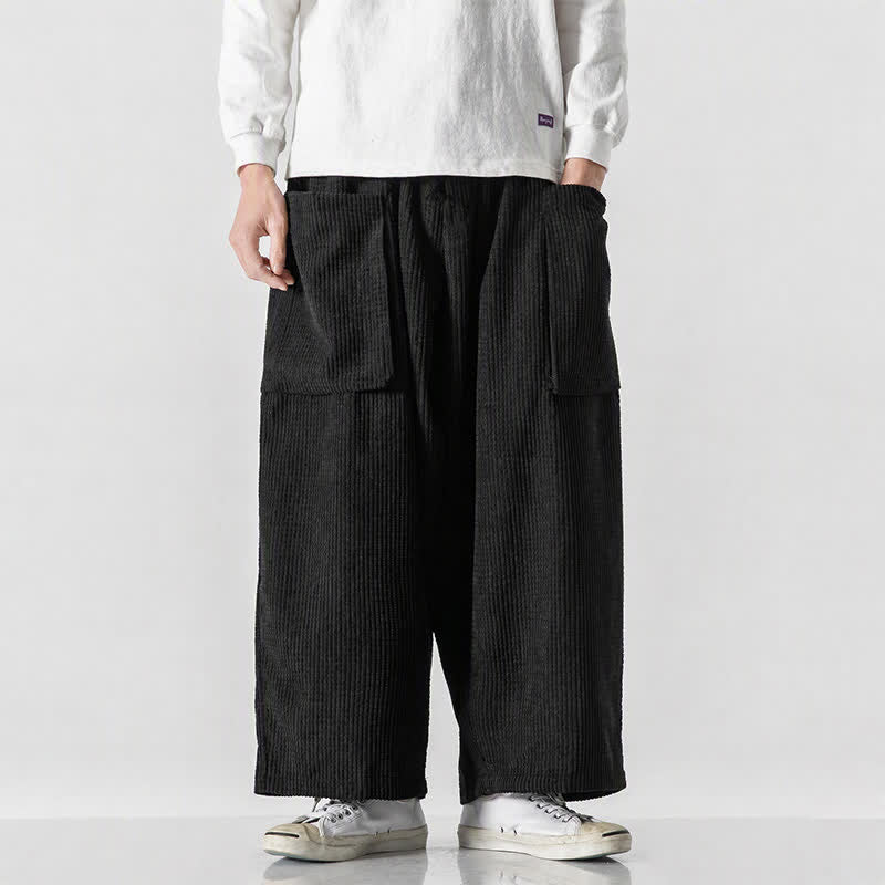 Buddha Stones Pantalones de pana de pierna ancha para hombre, estilo vintage, minimalistas, con cordón ajustable, para otoño/invierno. - image 1