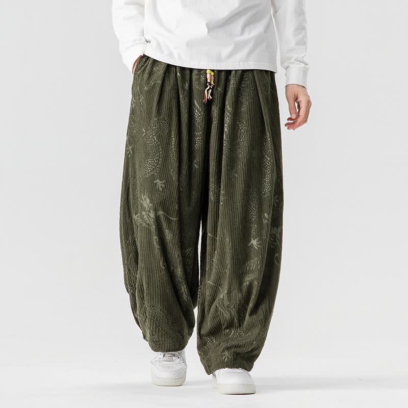 Buddha Stones Pantalones largos de pana estilo harem para hombre, con cordón ajustable y bolsillos, estilo vintage, para otoño/invierno. - Verde oliva oscuro - US/UK/AU46, EU56 (5XL) - image 0