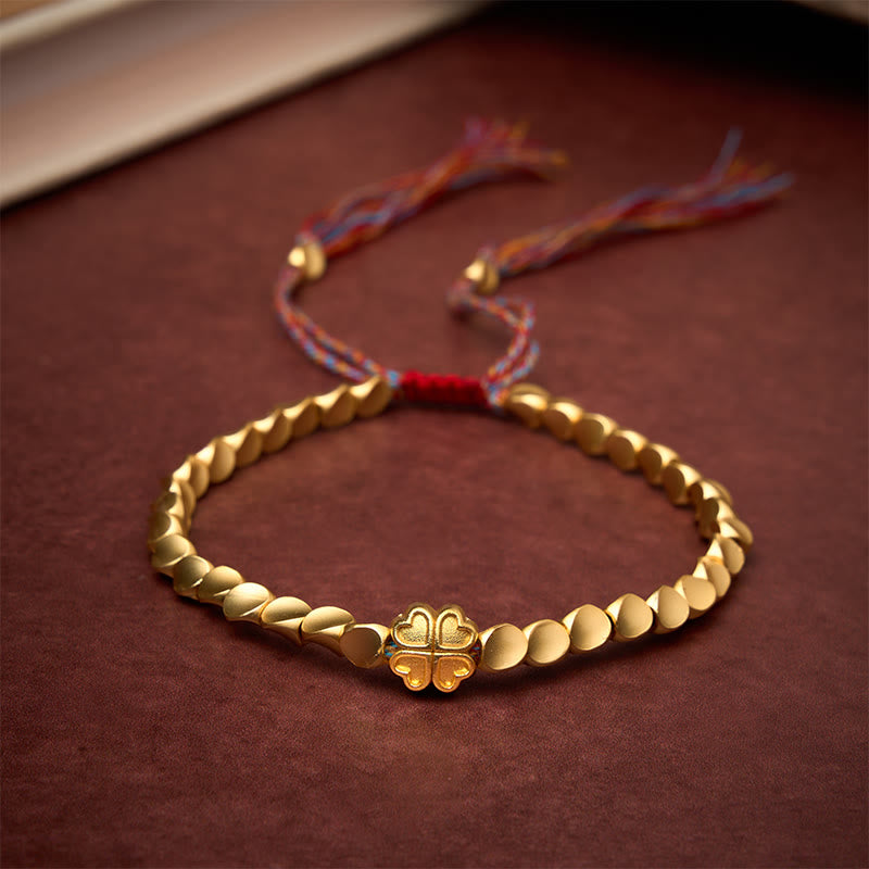 Buddha Stones Pulsera de cuentas de cobre tibetano con trébol de cuatro hojas y cordón colorido para la buena suerte - image 1